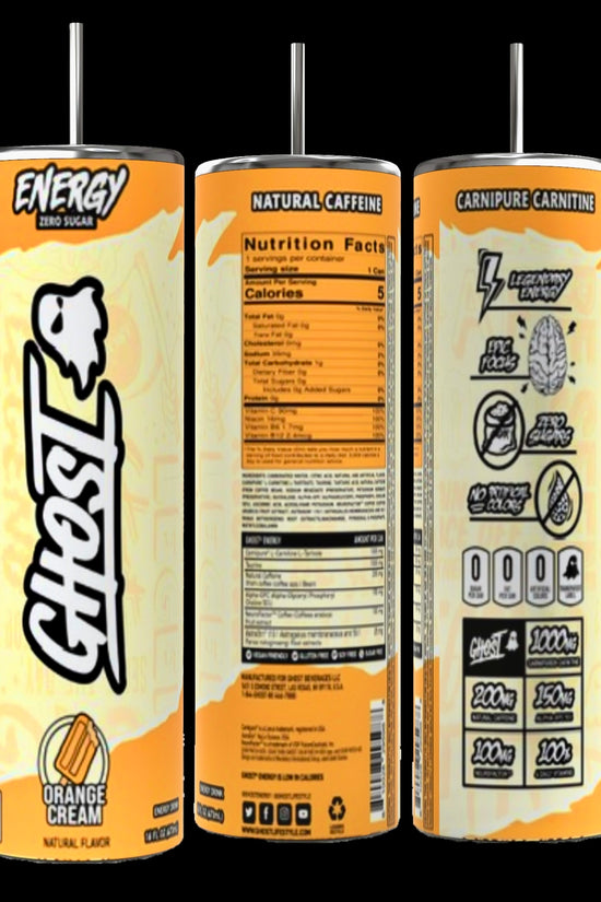 Three cans of Ghost energy drink are displayed alongside the stylish GHOST 20oz Skinny Tumbler with a reusable straw by Kreative Kreationz, perfect for keeping beverages hot or cold. The predominantly yellow cans with red accents feature the 