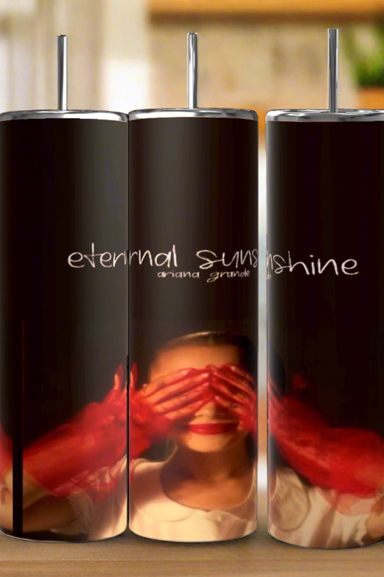 Kreative Kreationz offers three Ariana Grande External Sunshine 20oz Tumblers, each with a spill-proof lid and featuring a design of a woman covering her eyes while 