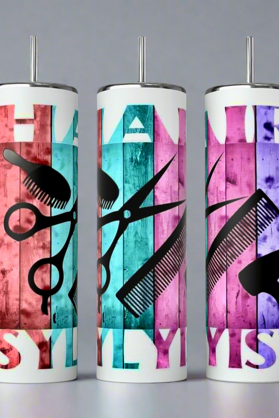 Explore the eco-friendly, 20oz Hairstylist White Tumbler by Kreative Kreationz, featuring three chic designs with pink, teal, or purple backgrounds. Each design includes black silhouettes of styling tools and 
