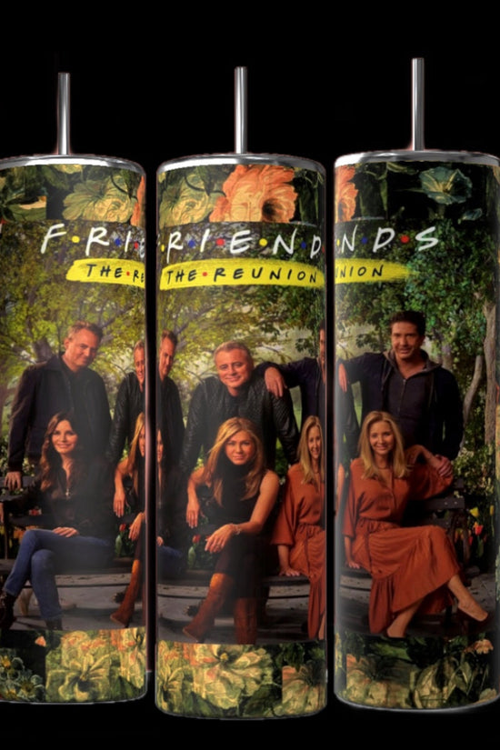 Three cylindrical tumblers are displayed against a black background. Each Kreative Kreationz The Reunion Friends TV Show 20oz Tumbler features an image of a group of people sitting and standing in front of a lush, green background with the text 