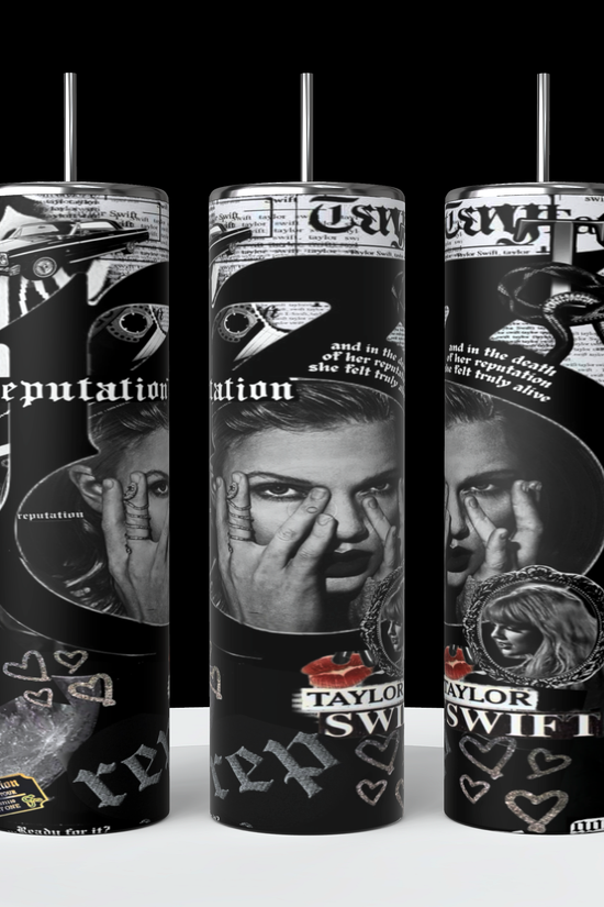 Kreative Kreationz's Reputation 13 20oz Tumblers showcase a collage of black-and-white images and text inspired by Taylor Swift's 