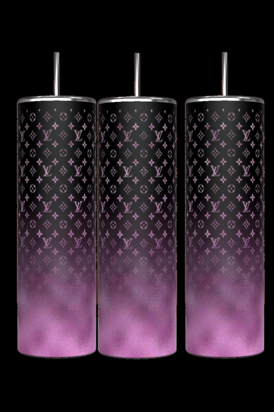Three LV 20oz Tumblers from Kreative Kreationz, featuring spill-proof metallic lids and straws, are displayed against a black background. They have a purple-to-black gradient with a subtle pattern.