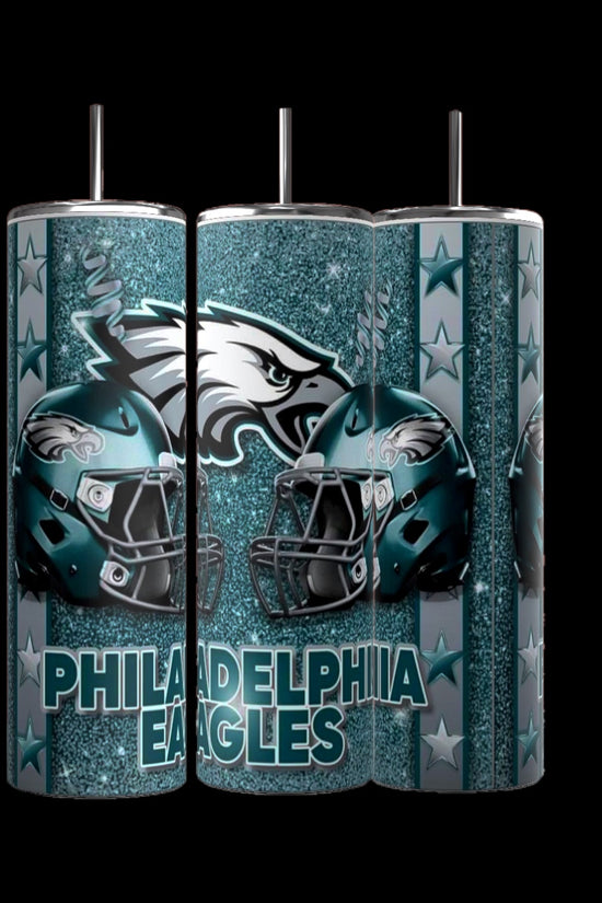 The Eagles 20oz Skinny Tumbler from Kreative Kreationz, part of the NFL Collection, showcases Philadelphia Eagles logos and helmets on a glittery teal backdrop with stars. Each includes a straw and beautifully captures the team's iconic colors.