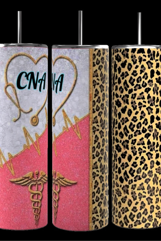 Three tall, cylindrical Kreative Kreationz CNA 20oz Skinny Tumblers with black straws are shown. The first tumbler has a heart with 