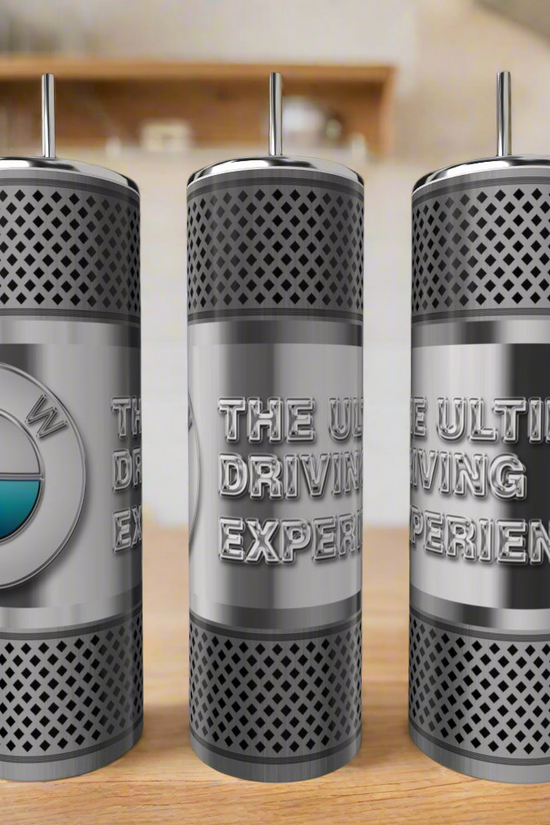 Three Kreative Kreationz Car Enthusiast Silver Stainless Steel 20oz Tumblers are shown; one features a BMW logo, and the others read 