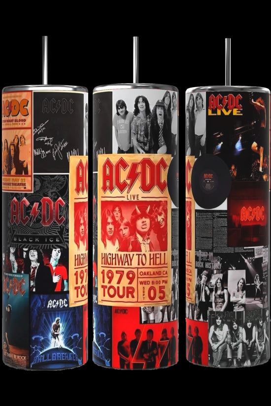 Three ACDC 20oz Tumblers by Kreative Kreationz are featured against a black background. Each tumbler comes with a spill-proof lid and boasts a cylindrical design that vibrantly showcases collage-style images and graphics from AC/DC, including album covers, band photos, and tour posters in bold red, black, and white.