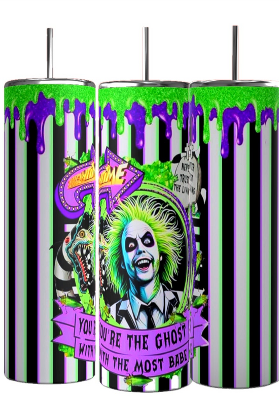 Kreative Kreationz offers Beetlejuice Striped 20oz Tumblers featuring a green-haired character, purple slime, and the slogan 