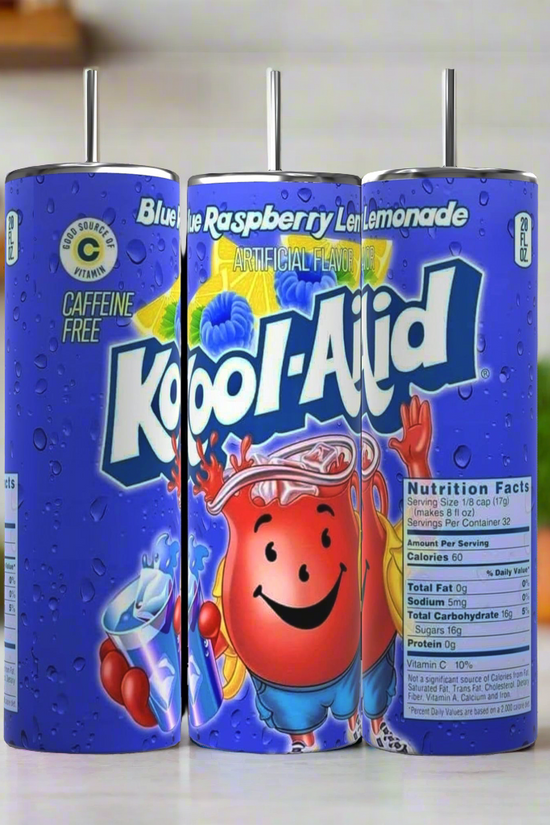 Three Kreative Kreationz Kool Aid 20 oz skinny tumblers, featuring the blue Raspberry Lemonade flavor, are aligned together. They display the Kool-Aid logo and a character with a straw hat on a blue background. The label reads 