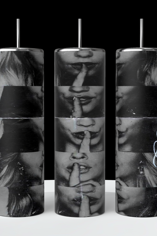 Three cylinders on a pedestal with a black background, showing all sides of 20 ounce Tumbler, the title pretty little liars cast with four females, the title pretty little liars down the side of the cylinder in text the pretty little liars cast with their fingers to their lips in a shh motion 