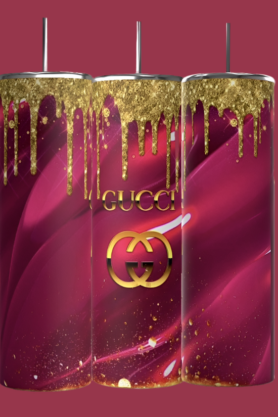 Three tall, cylindrical 20oz Gucci Pink Drip tumblers by Kreative Kreationz are set against a deep pink background. They feature a glossy pink and gold design with 