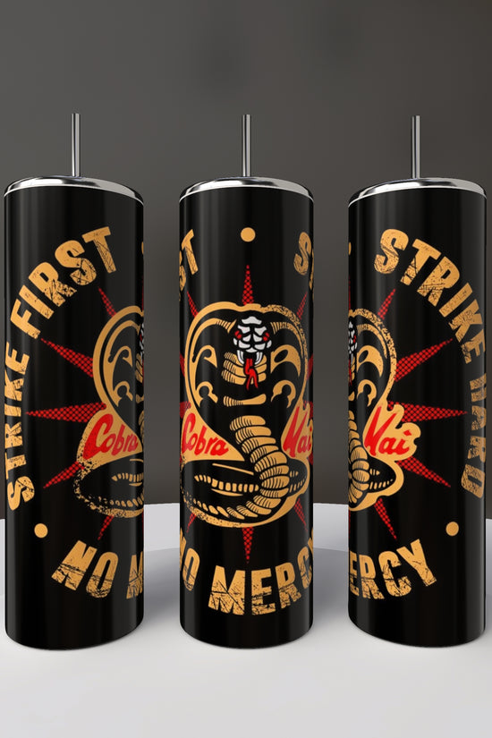 Kreative Kreationz offers three striking Kobra Kai 20oz stainless steel tumblers, featuring a black design with a coiled snake and 