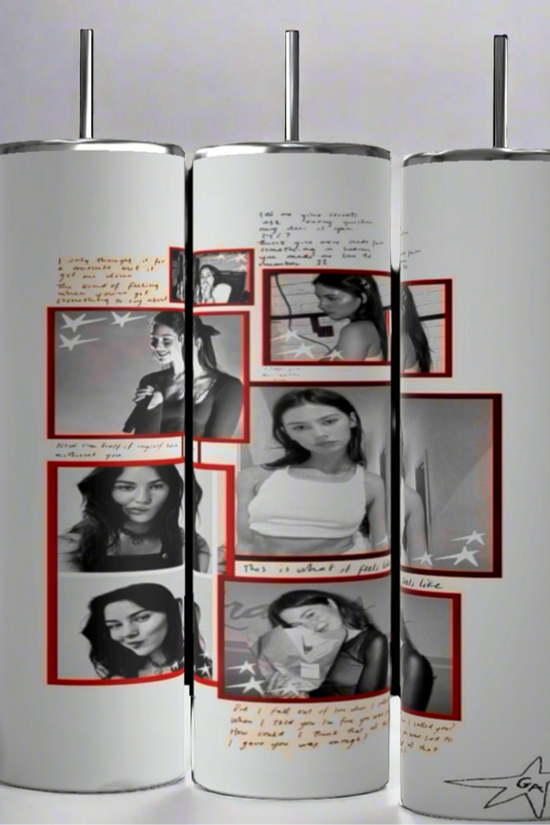 Three cylindrical art pieces, resembling the Gracie Abrams 20oz Skinny Tumbler from Kreative Kreationz, feature black-and-white photos of a woman in various poses. Each photo is surrounded by red rectangular frames, with handwritten notes and sketches decorating the margins. Crafted with durable construction, their plain gray background adds a minimalist touch.
