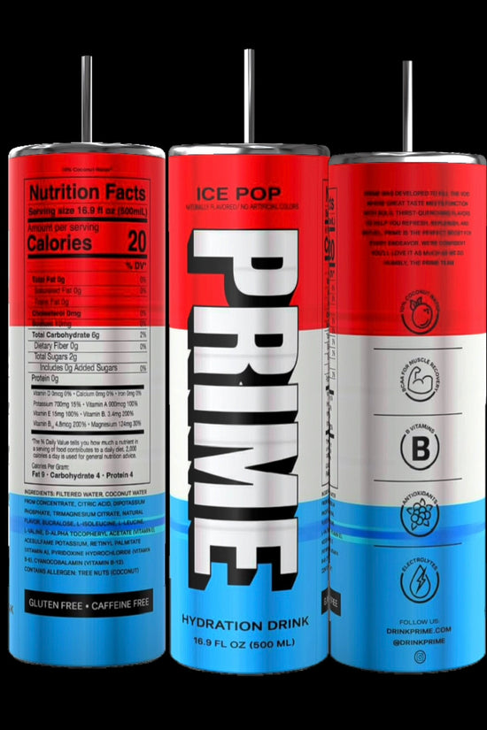 Three cans of Prime Hydration Drink in Meta Moon flavor are displayed. The cans are silver with black and white text. The front can shows the Prime logo, the left can displays nutrition facts, and the right can lists product features and bar code. Perfect for filling your PRIME 20 ounce tumbler from Kreative Kreationz!