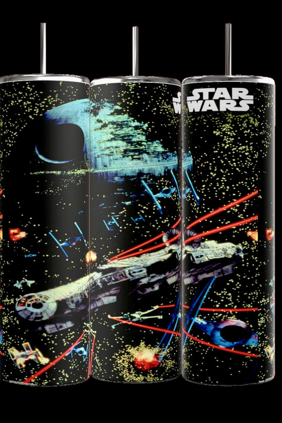 Kreative Kreationz's set of three Star Wars 20oz Tumblers features a starry backdrop with spacecraft in battle, including the Millennium Falcon, laser beams, the Death Star, and the iconic 