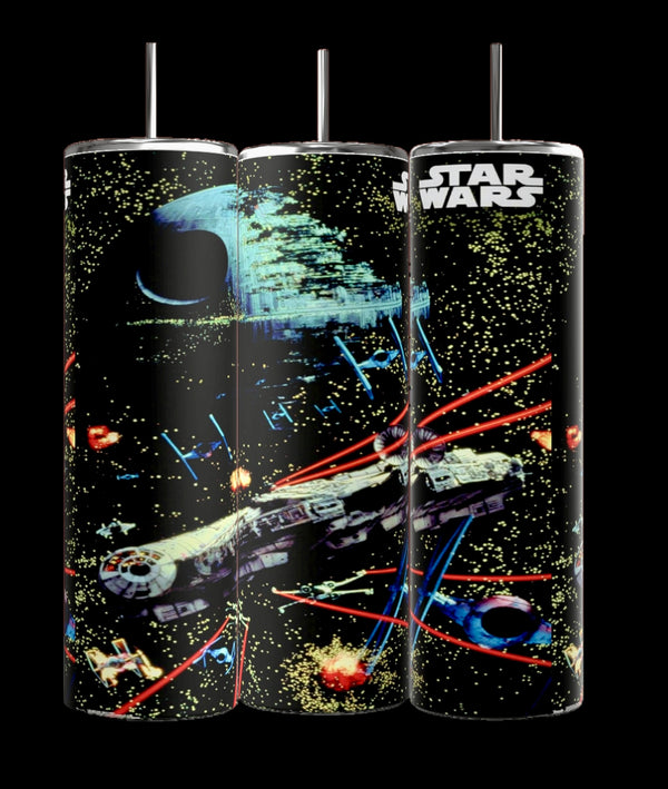 Kreative Kreationz's set of three Star Wars 20oz Tumblers features a starry backdrop with spacecraft in battle, including the Millennium Falcon, laser beams, the Death Star, and the iconic "Star Wars" logo. Enjoy this eco-friendly stainless steel drinkware!.