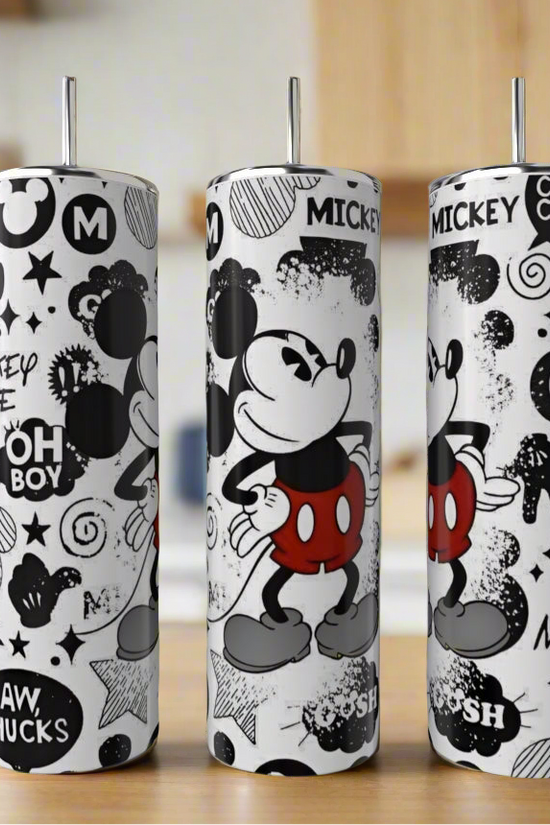 Kreative Kreationz’s Mickey Mouse 20oz Skinny Tumblers come in a set of three with metal straws, featuring black-and-white cartoon art and phrases like 
