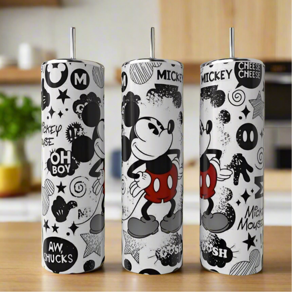 Kreative Kreationz’s Mickey Mouse 20oz Skinny Tumblers come in a set of three with metal straws, featuring black-and-white cartoon art and phrases like "Oh Boy," "Aw, Shucks," and "Cheese" for a playful touch to your drinkware.