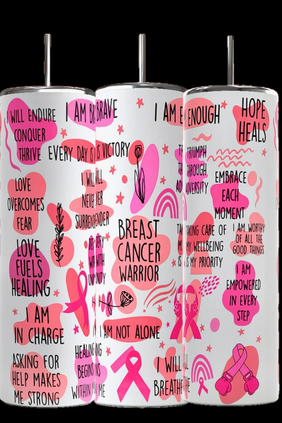 Kreative Kreationz offers Breast Cancer Survivor 20oz Skinny Tumblers, featuring sublimation designs with pink ribbons, hearts, and texts like 