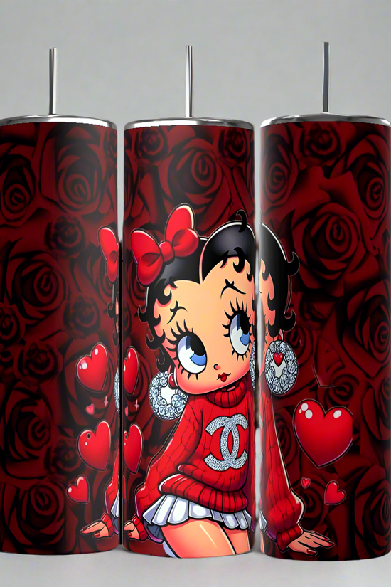 Three decorative candles depict a cartoon character with large eyes and a red outfit, reminiscent of the Betty B 20oz Skinny Tumbler by Kreative Kreationz, surrounded by rose patterns and heart motifs on a rich red background with black rose designs.