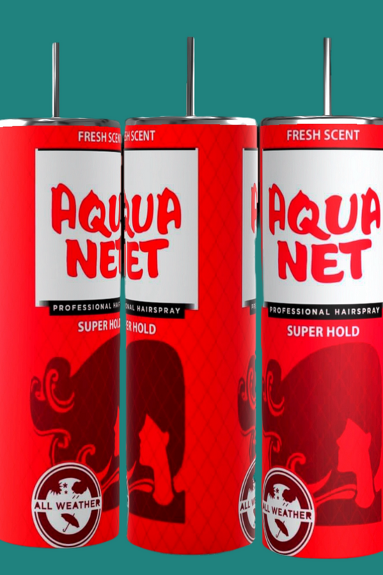 Three red and white cans of Aqua Net professional hairspray with the label 