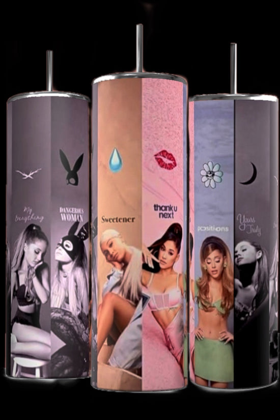 Three Ariana Grande Albums 20oz Stainless Steel Tumblers from Kreative Kreationz against a black background, each featuring unique designs of a woman in various poses along with illustrations such as a bunny symbol, teardrop, and lips that represent different themes and eras.