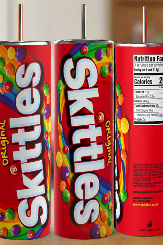 Three tall, cylindrical containers from the Kreative Kreationz brand are displayed. The front features the colorful Skittles logo along with assorted candy images. The middle container shows the back with nutritional facts, while the far left presents a Kreative Kreationz Skittles 20oz Stainless Steel Tumbler that keeps beverages hot or cold.