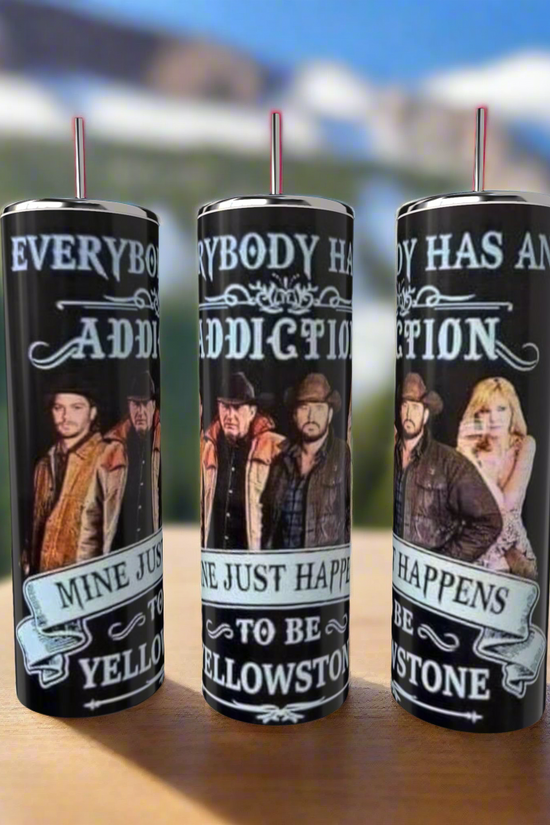 Kreative Kreationz presents the Yellowstone Addiction 20oz Tumbler featuring Western-themed images with the quote, 