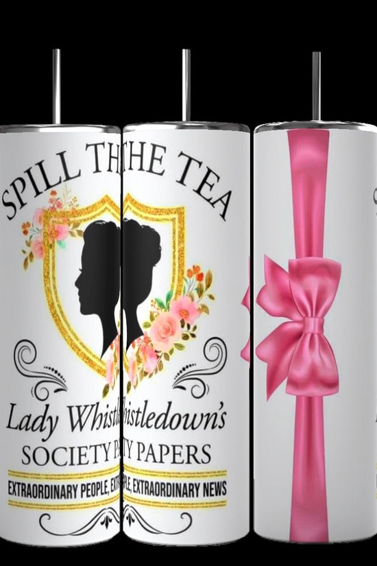Three Tea Bridgerton 20oz Stainless Steel Tumblers by Kreative Kreationz are shown. The left two display silhouettes of women, flowers, and the text 