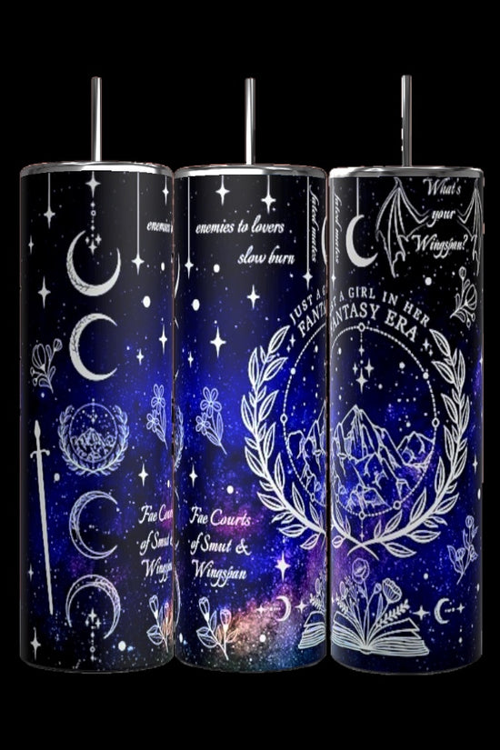 The Just a Girl Fantasy Era 20oz Tumblers by Kreative Kreationz, part of our drinkware collection, showcase a durable build and display a cosmic design featuring stars, moons, and text. Phrases such as 