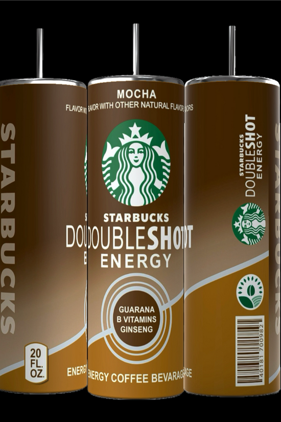 Three 20 oz cans of Kreative Kreationz Energy Shot in mocha flavor are displayed. The brown cans, resembling sleek tumblers, feature the iconic Starbucks logo and highlight ingredients like guarana, B vitamins, and ginseng. Perfect for keeping your energy levels up throughout the day.