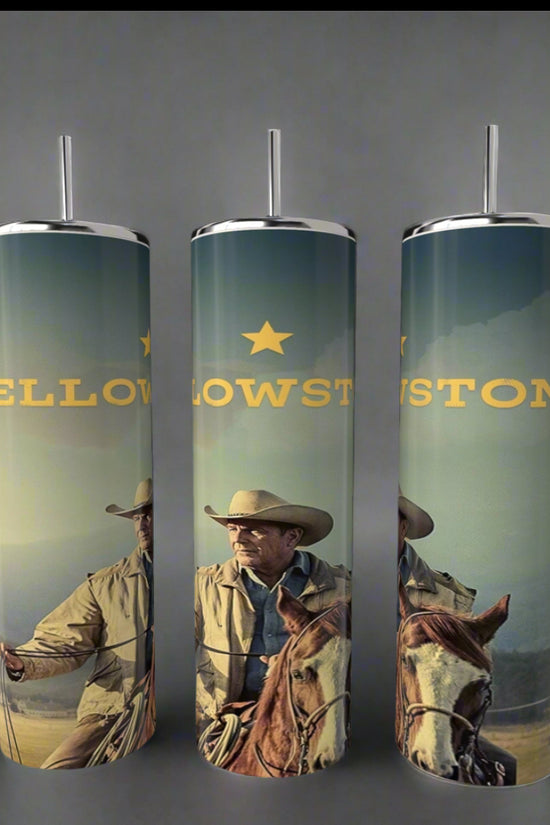 Kreative Kreationz's Yellowstone 20oz Tumblers include three tall, cylindrical tumblers with metal straws, featuring a cowboy on horseback and 