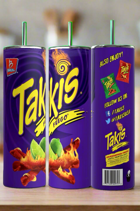 Image of three cylindrical cups with metal straws, designed to resemble Takis Fuego snack packaging. The Takis 20oz Stainless Steel Skinny Tumblers from Kreative Kreationz display the Takis logo, fiery snack sticks, and lime slices on a purple background. With a 20 oz capacity, they keep beverages hot or cold. Blurred kitchen background.