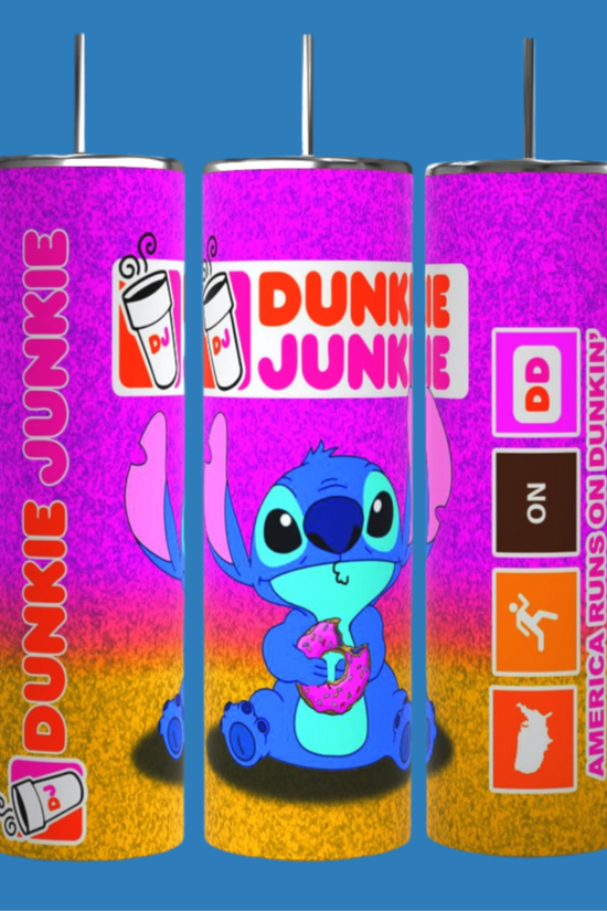 The Kreative Kreationz Stitch Dunkin 20oz Tumbler features a cartoon blue alien with donuts, coffee cup icons, and 