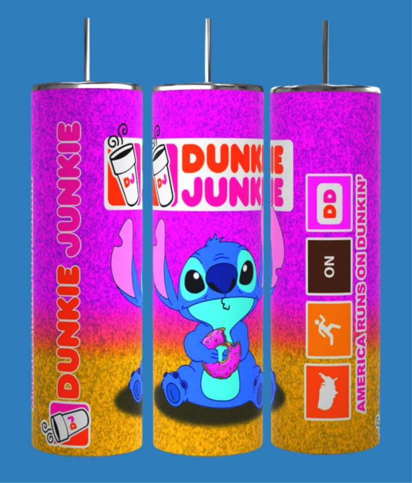The Kreative Kreationz Stitch Dunkin 20oz Tumbler features a cartoon blue alien with donuts, coffee cup icons, and "Dunkie Junkie" and "America Runs on Dunkin’'' text; its durable design keeps drinks hot or cold.