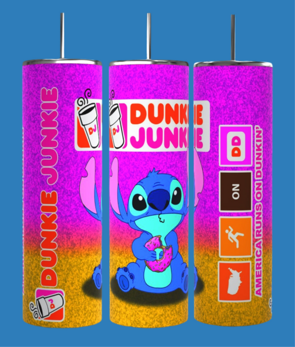 The Kreative Kreationz Stitch Dunkin 20oz Tumbler features a cartoon blue alien with donuts, coffee cup icons, and "Dunkie Junkie" and "America Runs on Dunkin’'' text; its durable design keeps drinks hot or cold.