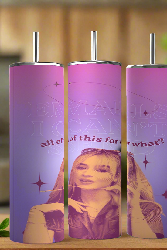 Three tall tumblers from the Sabrina Carpenter Emails I Couldn't Send collection by Kreative Kreationz sit on a kitchen counter. Featuring pink and purple gradients, a woman's portrait amid abstract shapes, and text like 