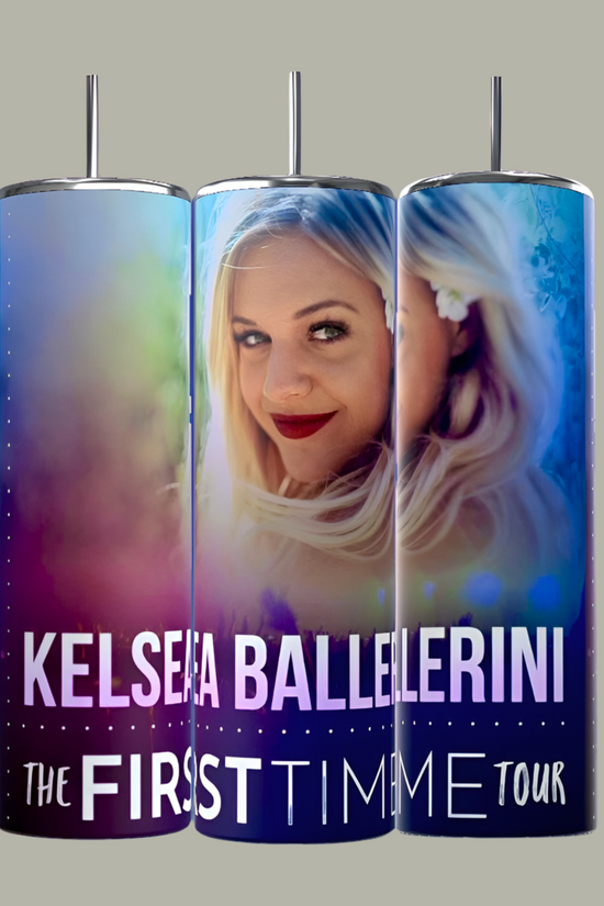 Three stainless steel Kreative Kreationz tumblers showcase a portrait of smiling, blonde-haired Kelsea Ballerini with red lipstick. 