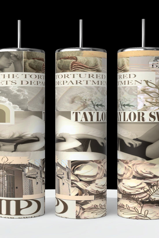 3 tall cylinder tumblers showing all sides of the beige colored sublimated image on the tumbler with a picture of Taylor Swift from her new TTPD era, with the words “Taylor swift”, TTPD, “the Tortured Poets Department” written in the image with other key images from the TTPD era