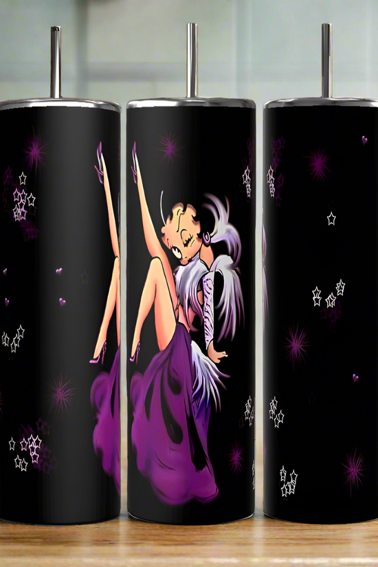 Set of three Betty B 20oz Skinny Tumblers by Kreative Kreationz—black stainless steel, eco-friendly, with purple and white stars and vintage-style art of a smiling woman in a purple dress striking a playful pose.