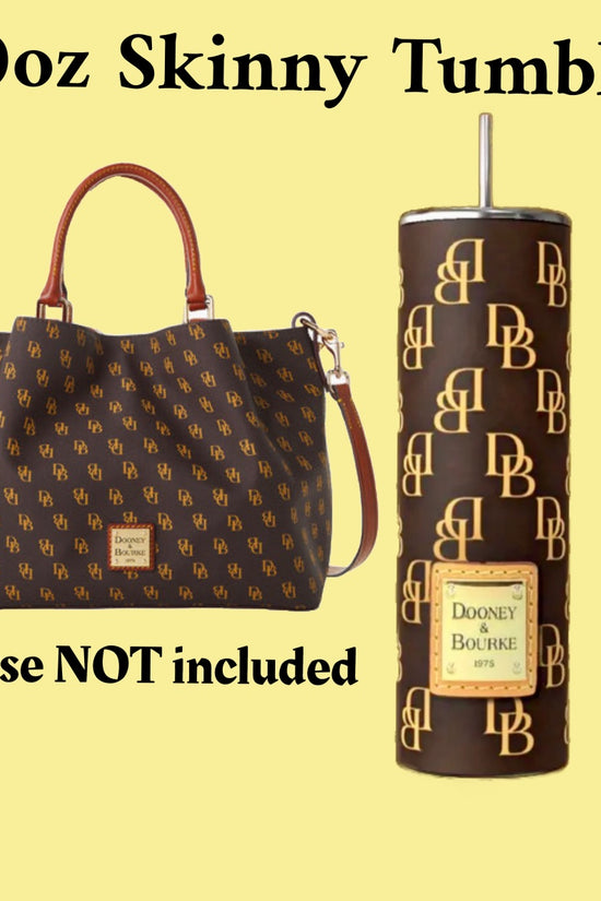A picture of a Dooney & Burke 20oz Tumbler by Kreative Kreationz, featuring a brown purse with a yellow 