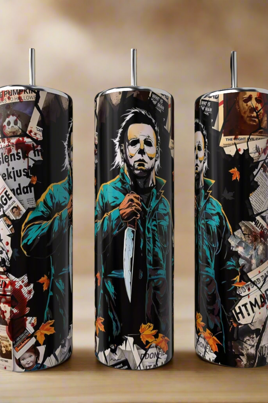 Kreative Kreationz's Michael Myers Halloween Series 20oz Tumblers feature spooky designs with Michael Myers, autumn leaves, and newspaper clippings—an ideal reusable gift for horror fans.