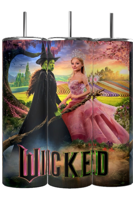 Kreative Kreationz's Wicked 20oz Tumblers showcase three insulated stainless steel designs: a green witch, a dark-clad witch with a castle backdrop, and a princess in a pink gown holding a magic wand against a vibrant landscape.