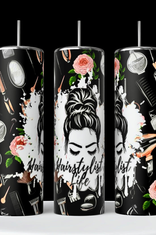 Kreative Kreationz's Hairstylist 20oz Tumblers showcase graphics of hairstyling tools, pink flowers, and 