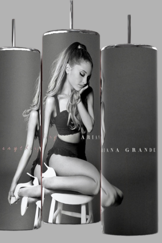 Three Ariana Grande Thank You Next 20oz Stainless Steel Tumblers from Kreative Kreationz are shown, each featuring a grayscale image of a woman sitting on a stool in a black outfit. The text 