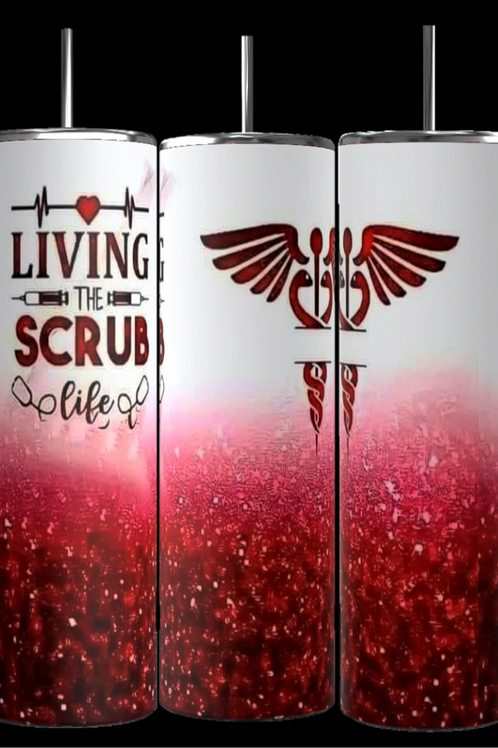 Three Kreative Kreationz Scrub Life inspired 20oz Tumblers with a red glitter gradient design and black straws. The first tumbler showcases the phrase 