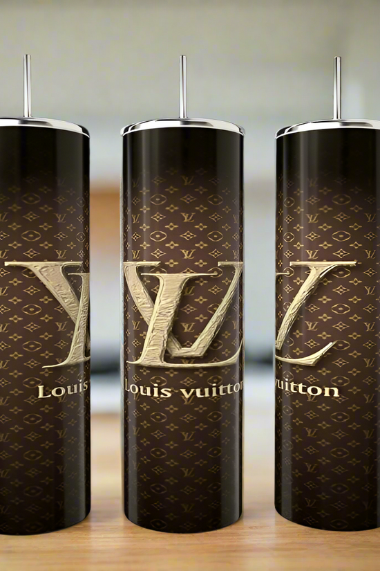 Three elegant 20oz Louis V Skinny Tumblers from Kreative Kreationz feature a luxurious Louis Vuitton monogram with large LV initials and 