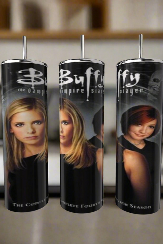 Three Kreative Kreationz Buffy The Vampire Slayer 20oz tumblers are displayed on a kitchen counter, each featuring luxury-inspired designs with characters and text from the show, highlighting three different women and indicating various seasons.