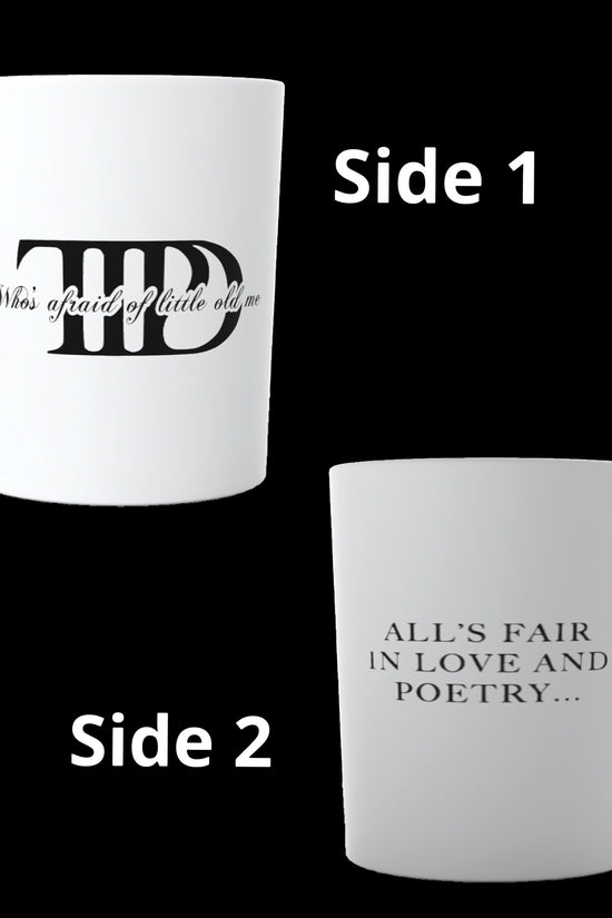 Displayed on a white circular platform against a black background is the TTPD Alls Fair in Love and Poetry | Who’s Afraid of Little Old Me ceramic mug by Kreative Kreationz. This white ceramic mug with a large handle features the name 