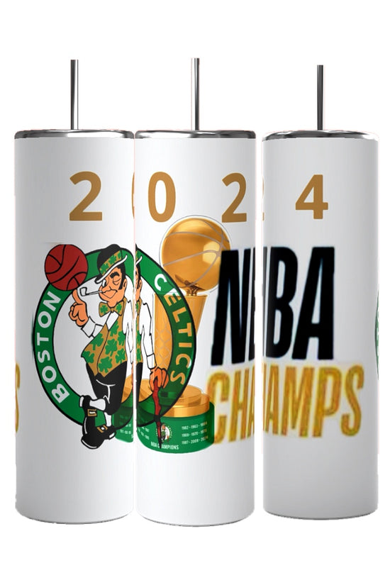 Three white Boston Celtics 2024 Champs Custom 20oz Tumblers by Kreative Kreationz are displayed in a row against a black background. The left tumbler features the Boston Celtics logo, the middle tumbler shows the digits 