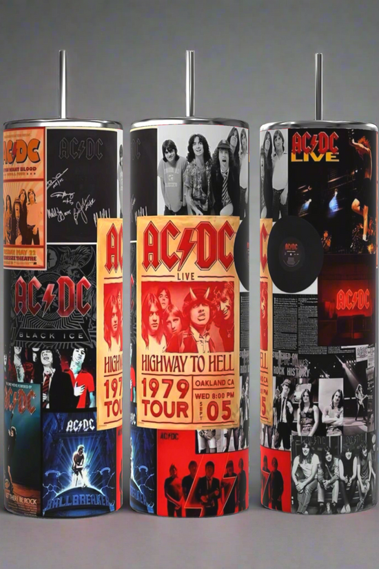 Three ACDC 20oz Tumblers by Kreative Kreationz are featured against a black background. Each tumbler comes with a spill-proof lid and boasts a cylindrical design that vibrantly showcases collage-style images and graphics from AC/DC, including album covers, band photos, and tour posters in bold red, black, and white.